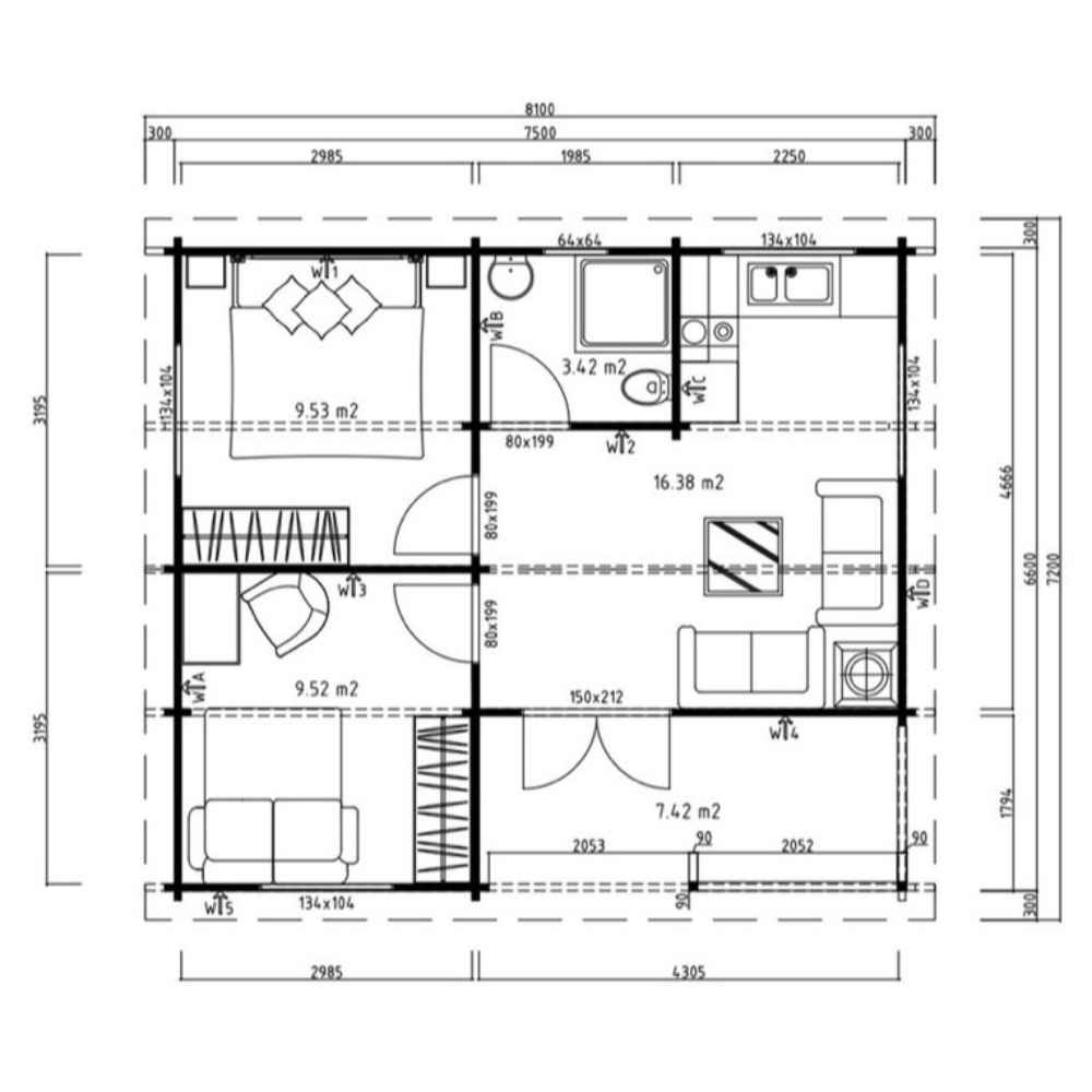 Interior floor plan of the Sawmill Structures The Sunbeam Lakehouse 70mm Garden Room shows two bedrooms, a bathroom, kitchen, living area, and porch