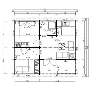 Interior floor plan of the Sawmill Structures The Sunbeam Lakehouse 70mm Garden Room shows two bedrooms, a bathroom, kitchen, living area, and porch