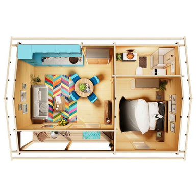 Interior layout of the GardenHouse24 USA Lilja 70 Garden Room, revealing a colorful open-plan kitchen, living area, bedroom, and bathroom