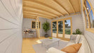 Interior of Sawmill Structures The Versa 160 Atrium Loft 70MM Garden Room shows a clean, wood-paneled space with a sofa, plants, and work desk