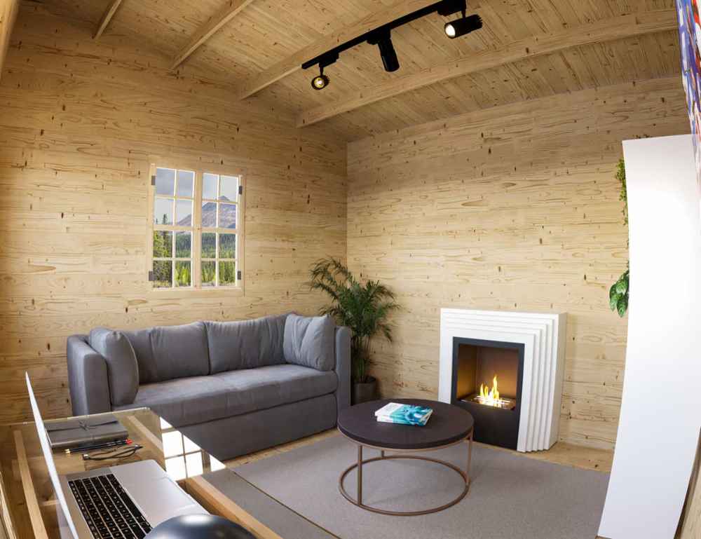 Interior of the Sawmill Structures Multi Cube Versa 100 Garden Room features a modern fireplace, a gray couch, and a large window