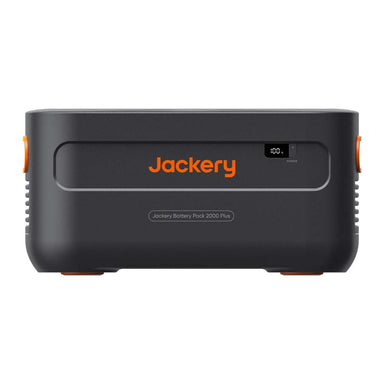 Jackery Battery Pack 2000 Plus expansion battery shown on a white background with an LED battery display is designed to increase the storage capacity of compatible Jackery power stations