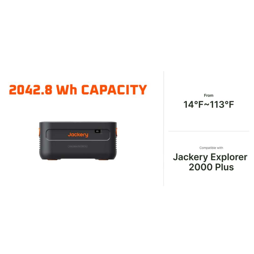 Jackery Battery Pack 2000 Plus is displayed with its 2,042.8Wh capacity, operating temperature range, and compatibility with the Jackery Explorer 2000 Plus