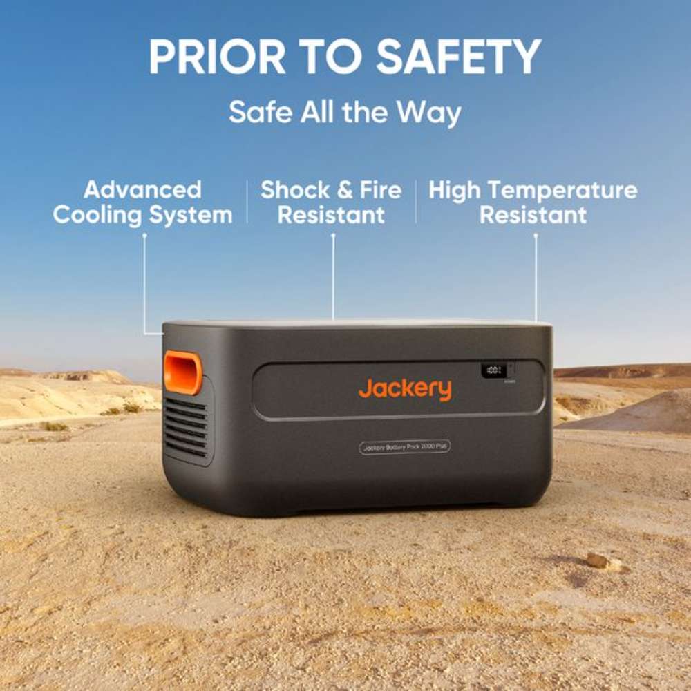 Jackery Battery Pack 2000 Plus sits on a desert landscape with labels highlighting its advanced cooling system, shock and fire resistance, and high-temperature resistance