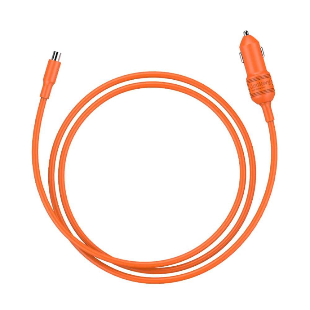 Jackery Car Charging Cable with an orange 12V vehicle plug and charging connector coiled on a white background