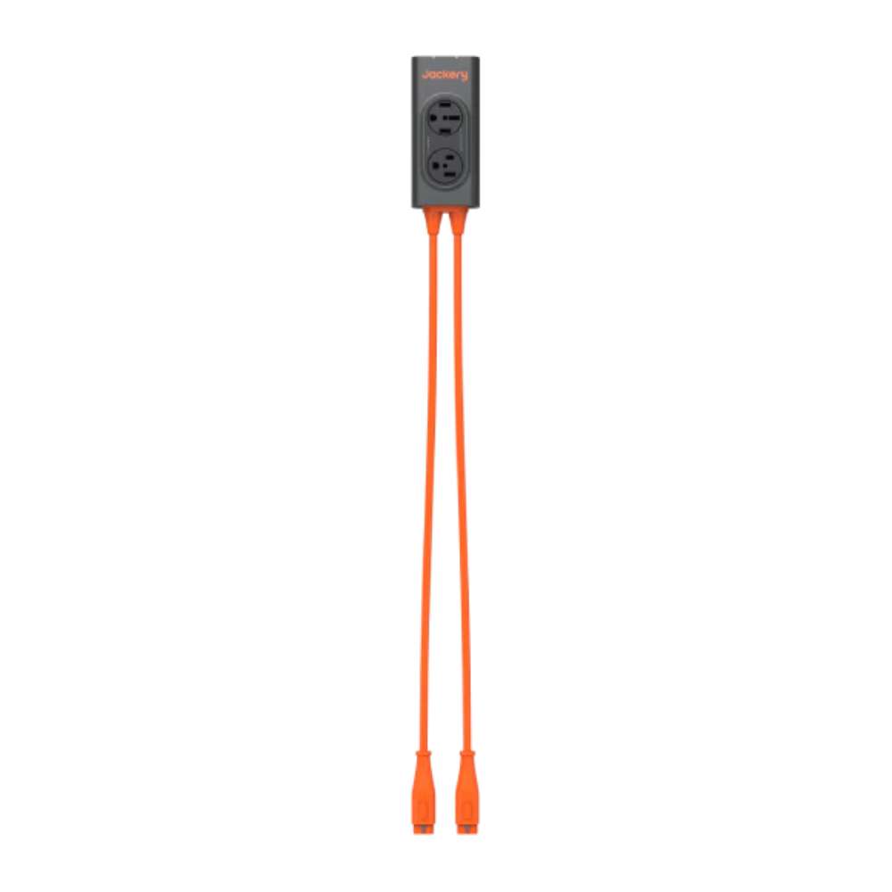 Jackery Connector with two AC outlets and dual orange connector cables displayed against a white background