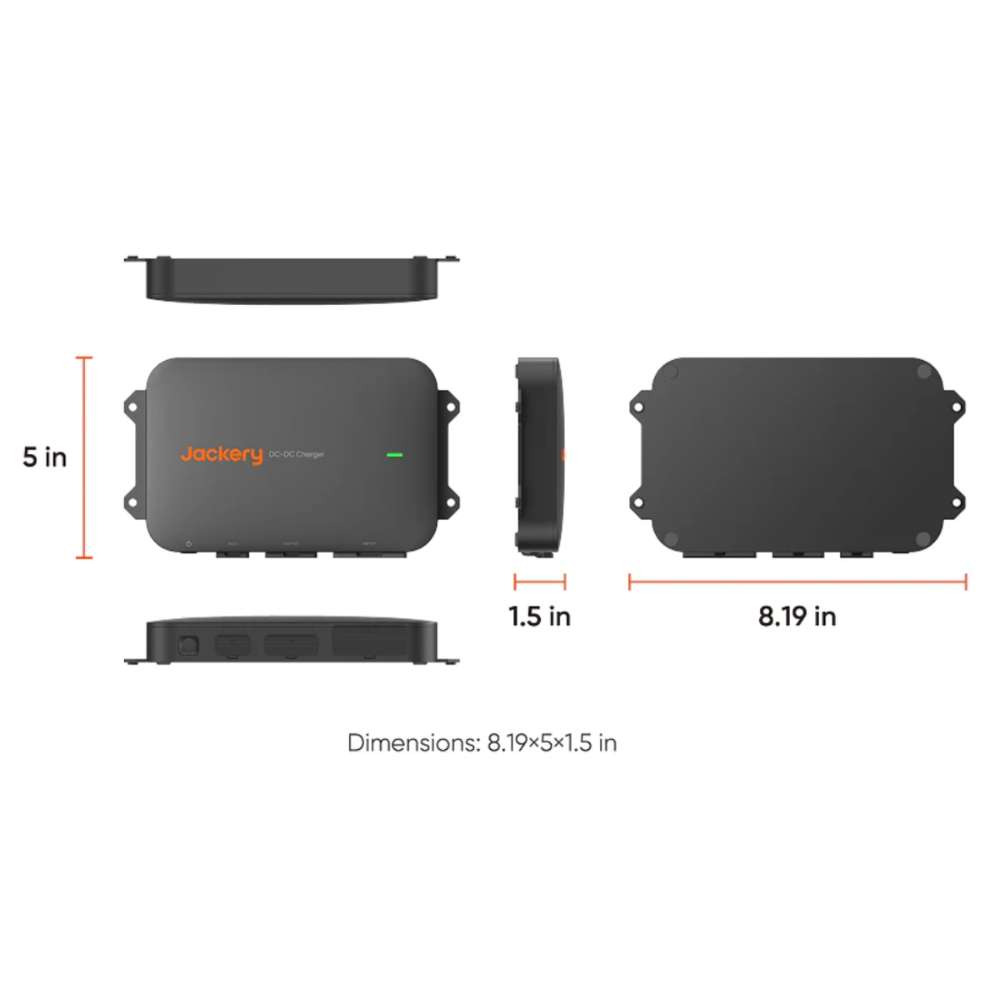 Jackery DC-DC Alternator Charger dimensions diagram showing front, side, top, and rear views with overall measurements