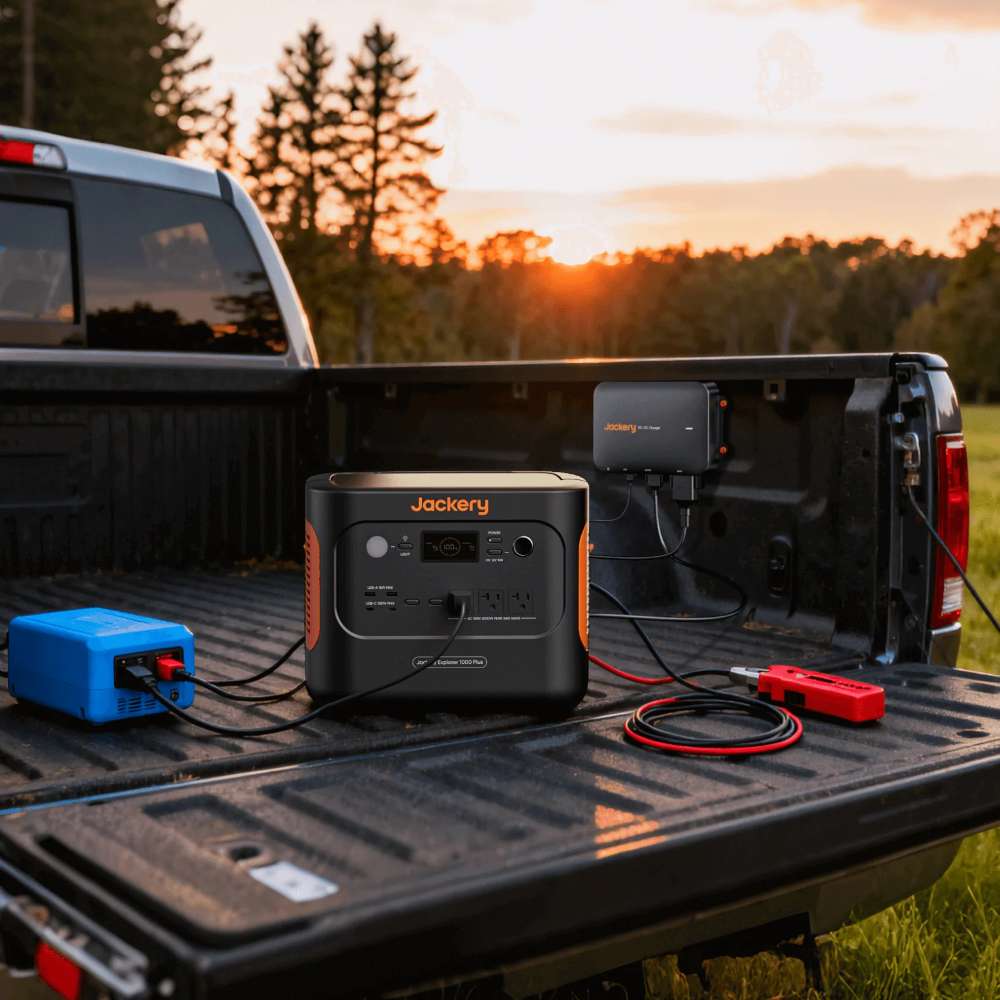 Jackery DC-DC Alternator Charger mounted in a pickup truck bed and connected to a Jackery portable power station during outdoor charging