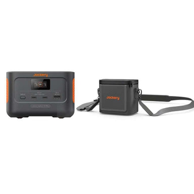 Jackery Explorer 100 Plus Portable Power Station with Mini Carrying Bag displayed beside its compact carrying bag with an adjustable shoulder strap
