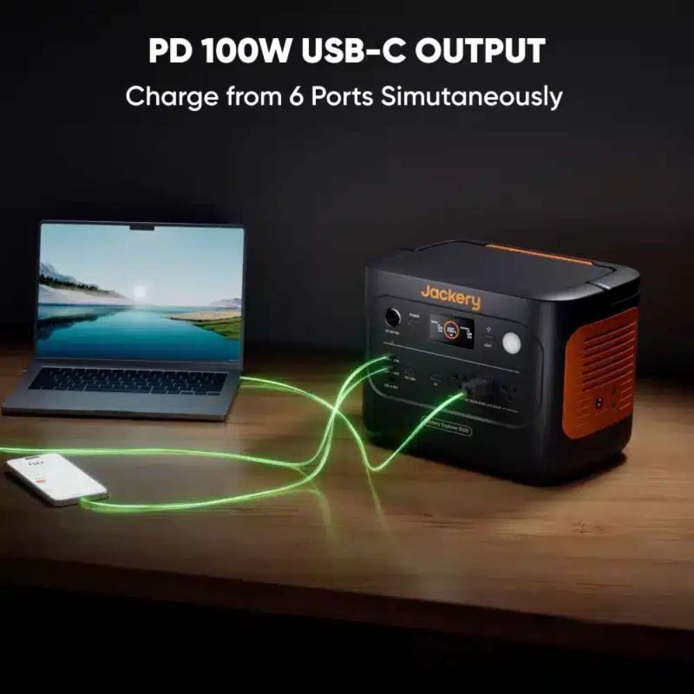 Jackery Explorer 1000 V2 Portable Power Station charging a laptop and smartphone at the same time with its 100W USB-C and multiple output ports