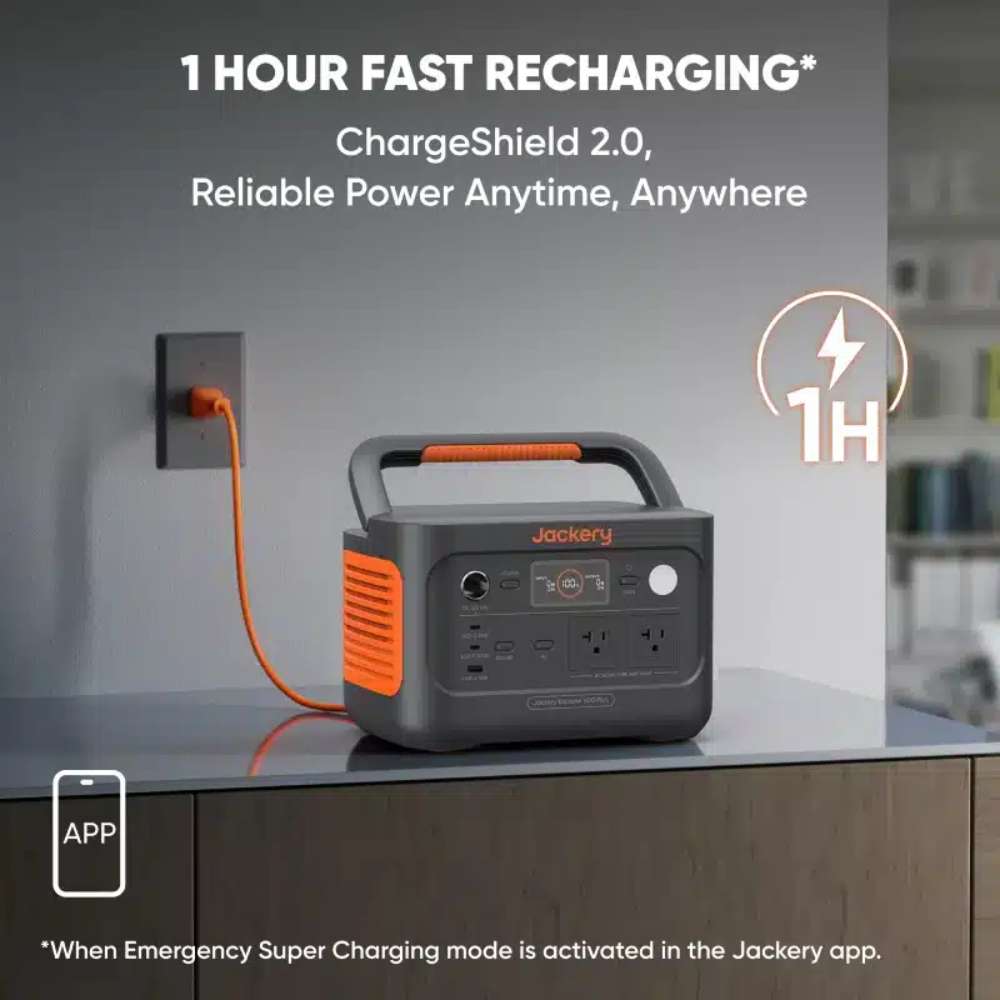 Jackery Explorer 1000 V2 Portable Power Station connected to a wall outlet, highlighting 1-hour fast recharging through the Jackery app