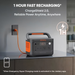 Jackery Explorer 1000 V2 Portable Power Station connected to a wall outlet highlighting 1 hour fast recharging through the Jackery app