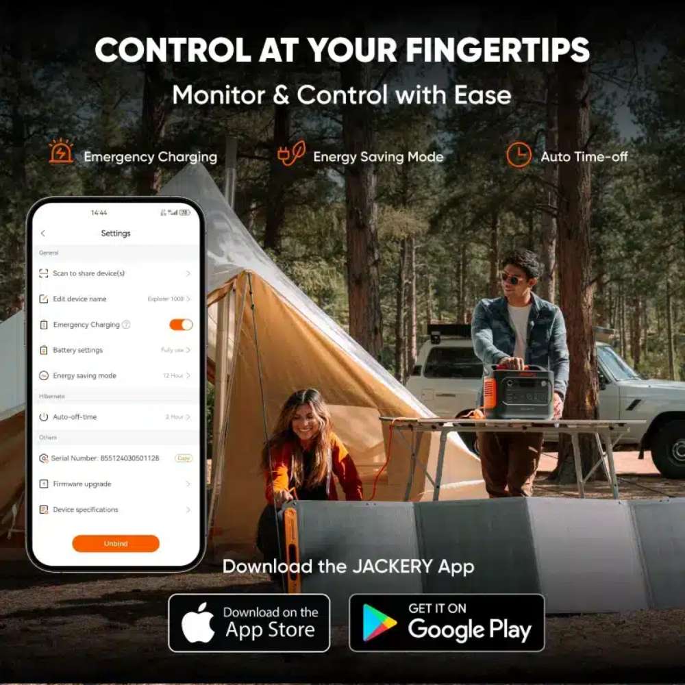 Jackery Explorer 1000 V2 Portable Power Station controlled through the Jackery app, showing remote monitoring, emergency charging, energy-saving mode, and auto time-off features