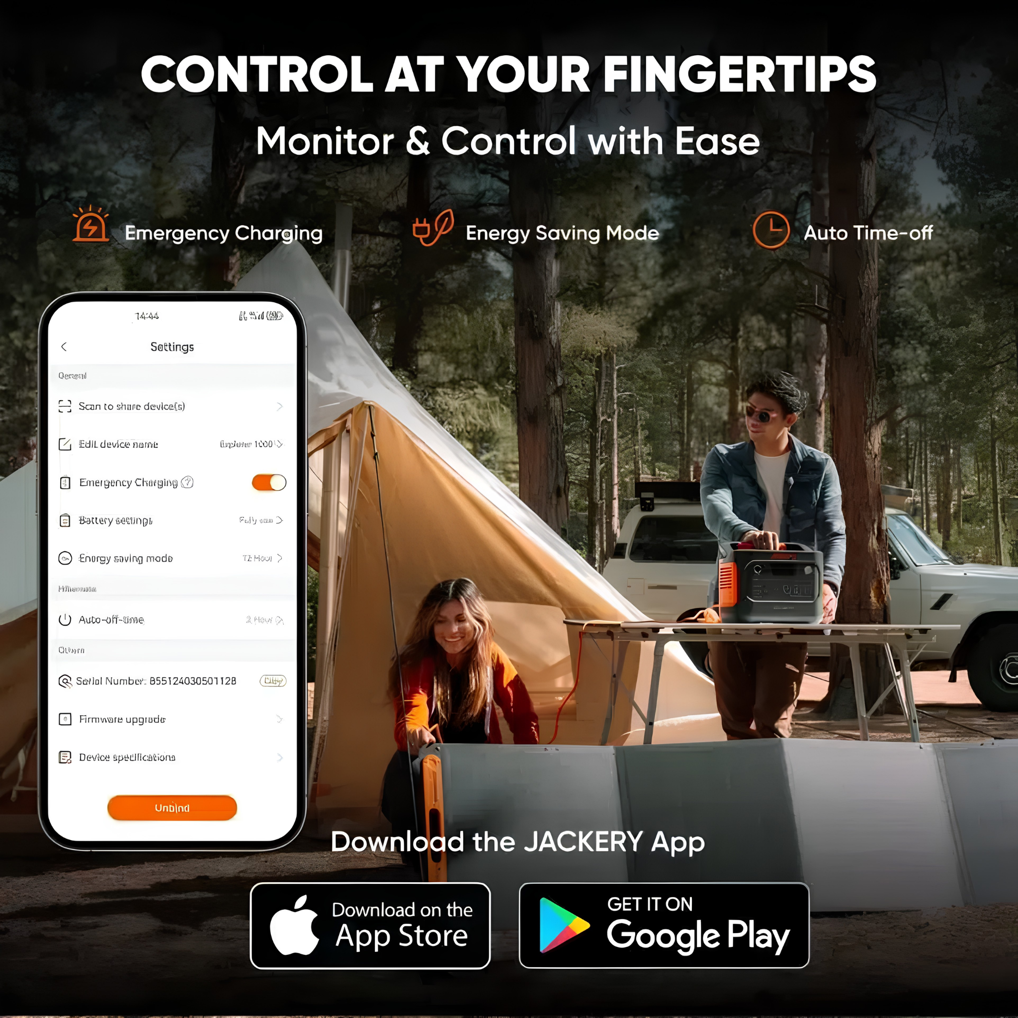 Jackery Explorer 1000 V2 Portable Power Station controlled through the Jackery app showing remote monitoring emergency charging energy saving mode and auto time off features