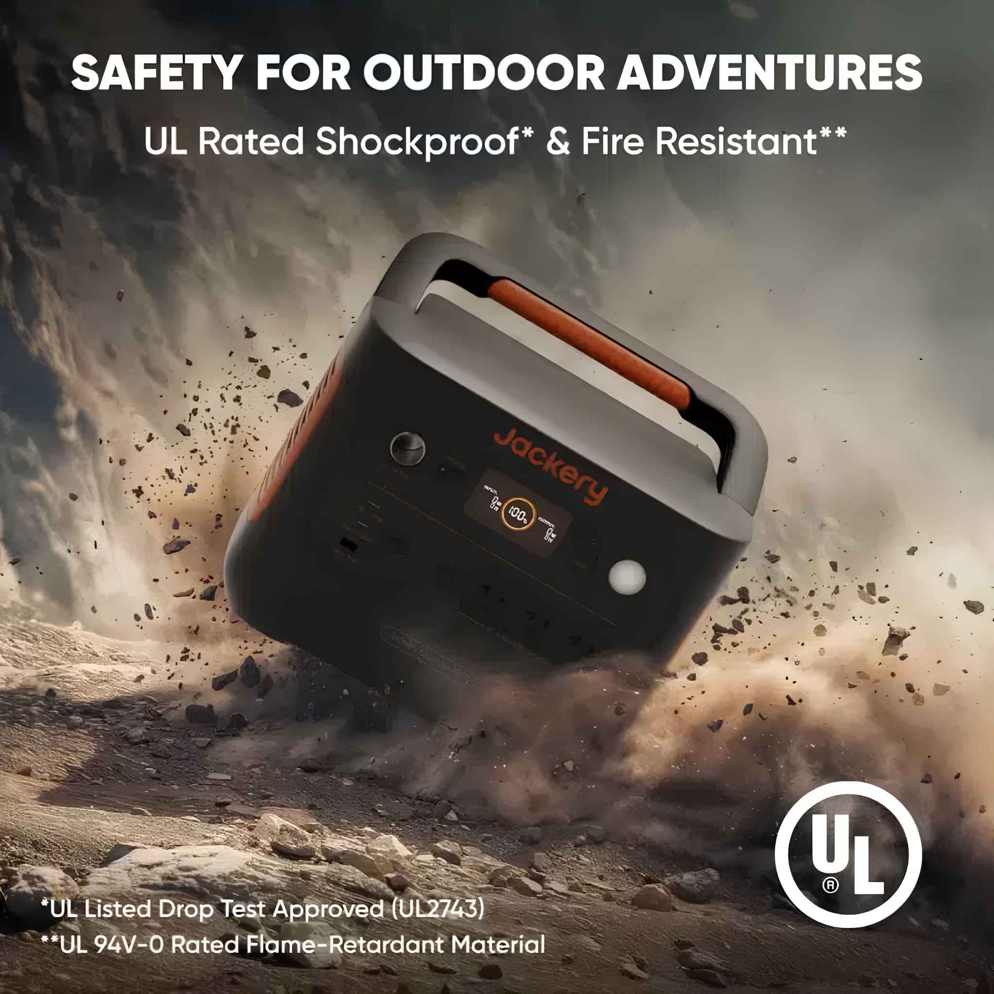Jackery Explorer 1000 V2 Portable Power Station displayed in a rugged outdoor scene to highlight its UL rated shockproof and fire resistant construction