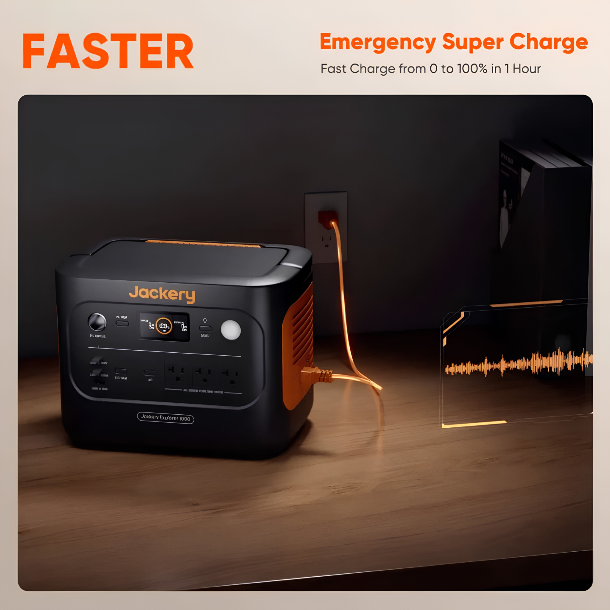 Jackery Explorer 1000 V2 Portable Power Station plugged into a wall outlet showing its emergency super charging feature with a full recharge in about 1 hour