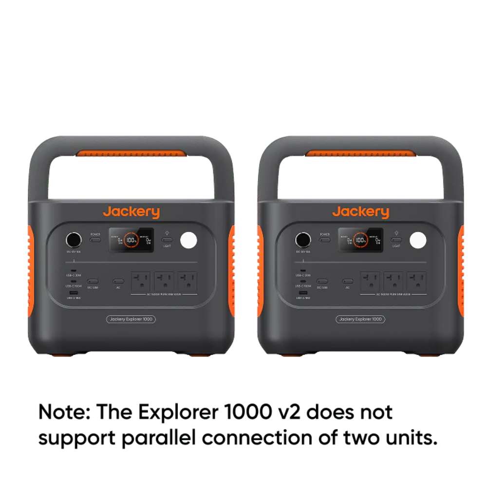 Jackery Explorer 1000 V2 Portable Power Station shown beside a second unit with a note that it does not support parallel connection