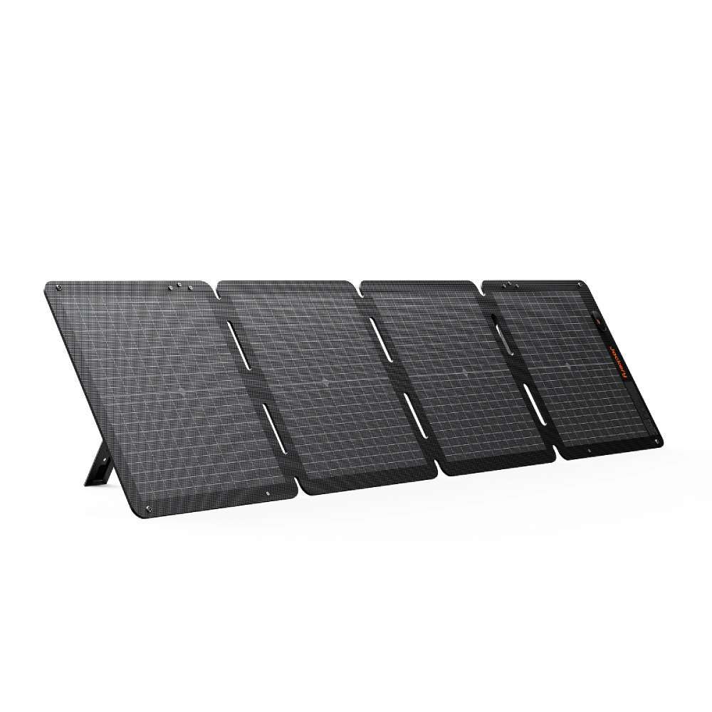 Jackery Explorer 1000 V2 Solar Generator + 100W Solar Panel foldable solar panel fully unfolded with a built-in kickstand, ready to capture sunlight for portable power
