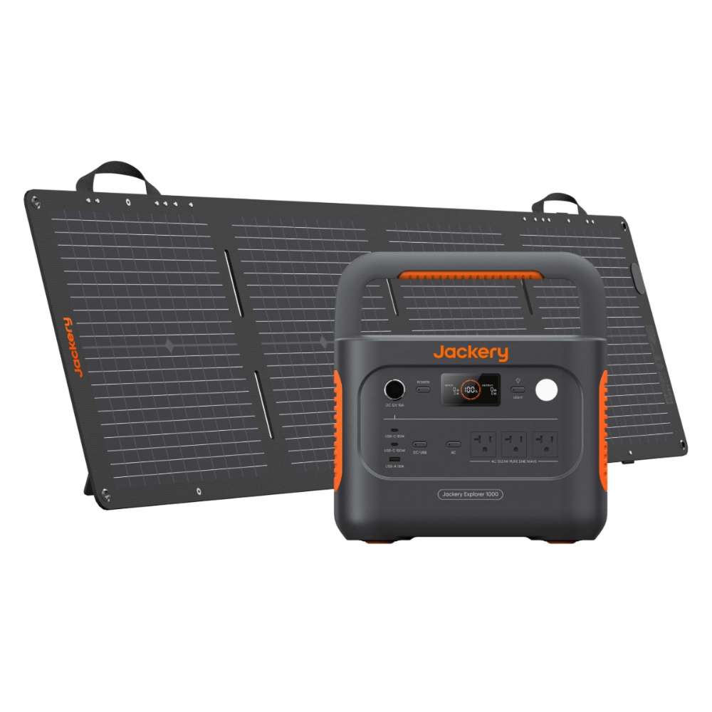 Jackery Explorer 1000 V2 Solar Generator + 100W Solar Panel portable power station paired with a foldable solar panel for camping, RV trips, and emergency backup power