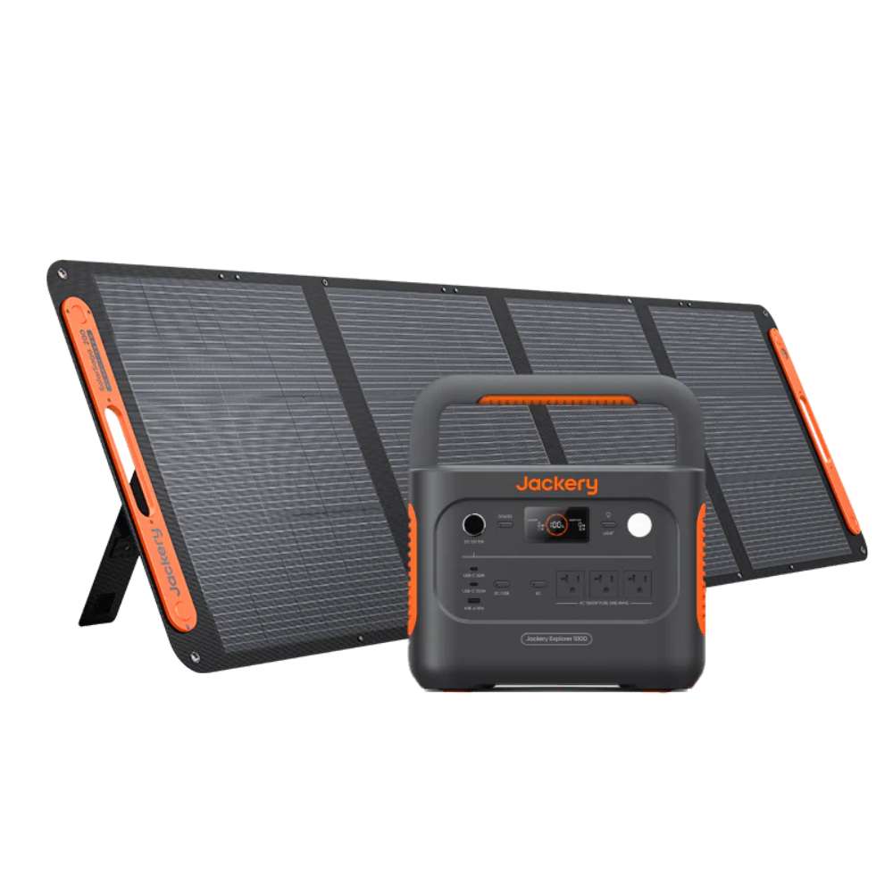 Jackery Explorer 1000 V2 Solar Generator + 200W Solar Panel portable power station paired with a large foldable solar panel for camping, RV travel, and emergency backup power