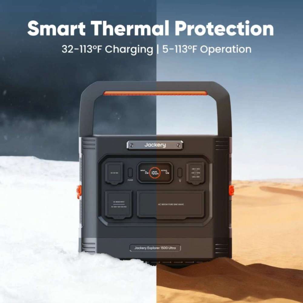 Jackery Explorer 1500 Ultra Portable Power Station displayed between snowy and desert environments to illustrate its smart thermal protection in hot and cold conditions