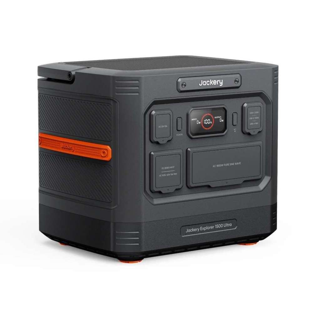 Jackery Explorer 1500 Ultra Portable Power Station shown from the front at an angle on a white background, highlighting its display, ports, and rugged design