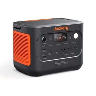 Jackery Explorer 1500 v2 Portable Power Station is shown at an angle with its front outlets, display screen, and orange side vent visible