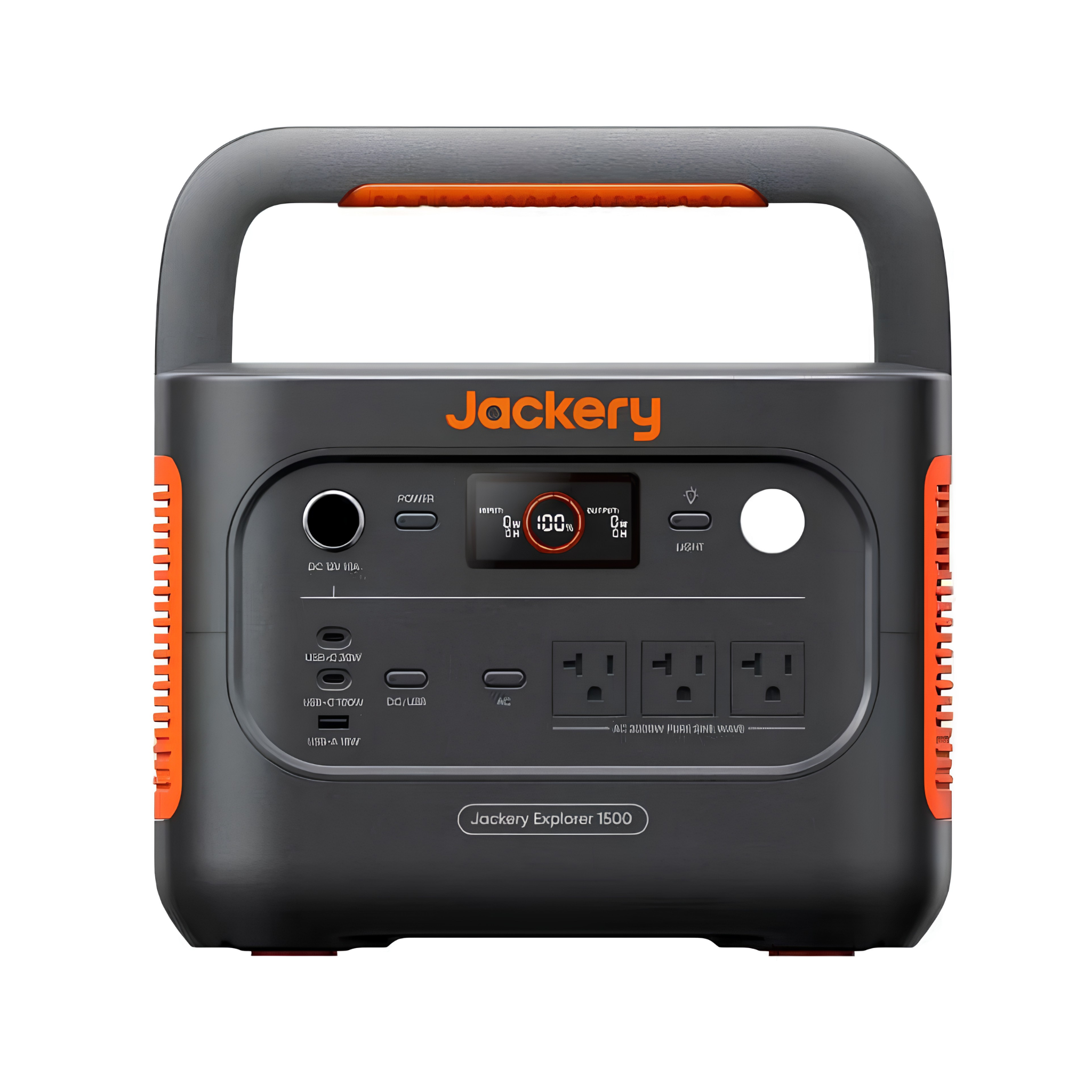 Jackery Explorer 1500 v2 Portable Power Station is shown from the front with its screen, outlets, USB ports, light, and carry handle visible