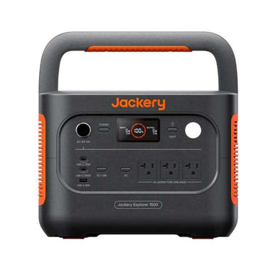 Jackery Explorer 1500 v2 Portable Power Station is shown from the front with its screen, outlets, USB ports, light, and carry handle visible