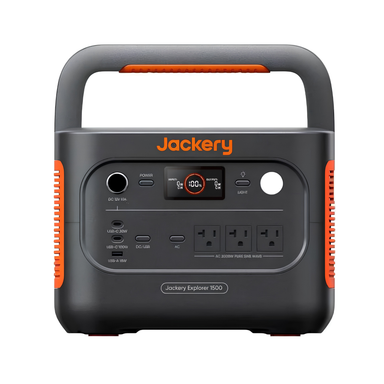 Jackery Explorer 1500 v2 Portable Power Station is shown from the front with its screen, outlets, USB ports, light, and carry handle visible