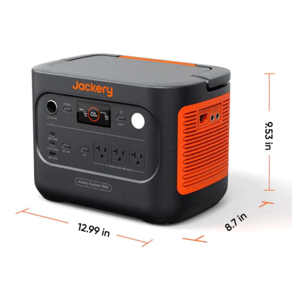 Jackery Explorer 1500 v2 Portable Power Station is shown with its compact dimensions of 12.99 × 8.7 × 9.53 inches for easy storage and transport
