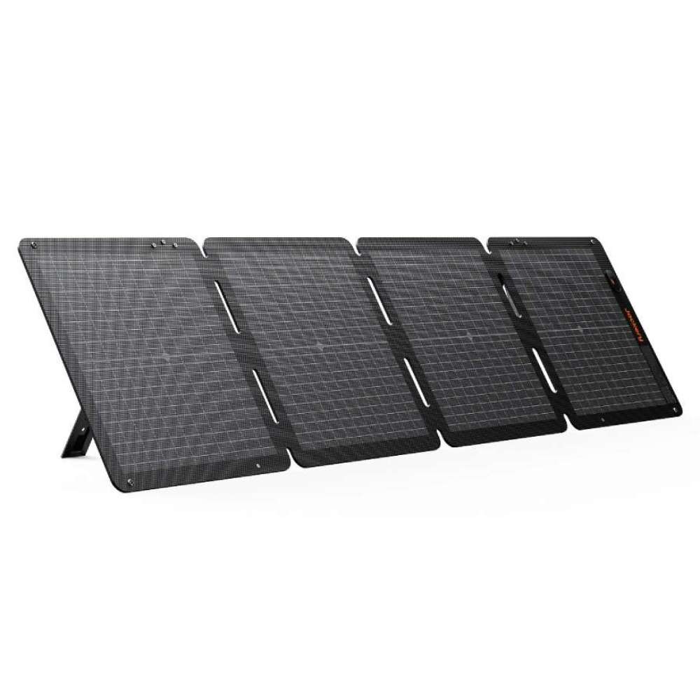 Jackery Explorer 1500 v2 + SolarSaga 100W Air foldable solar panel fully unfolded with a built-in kickstand, ready to collect sunlight for portable power