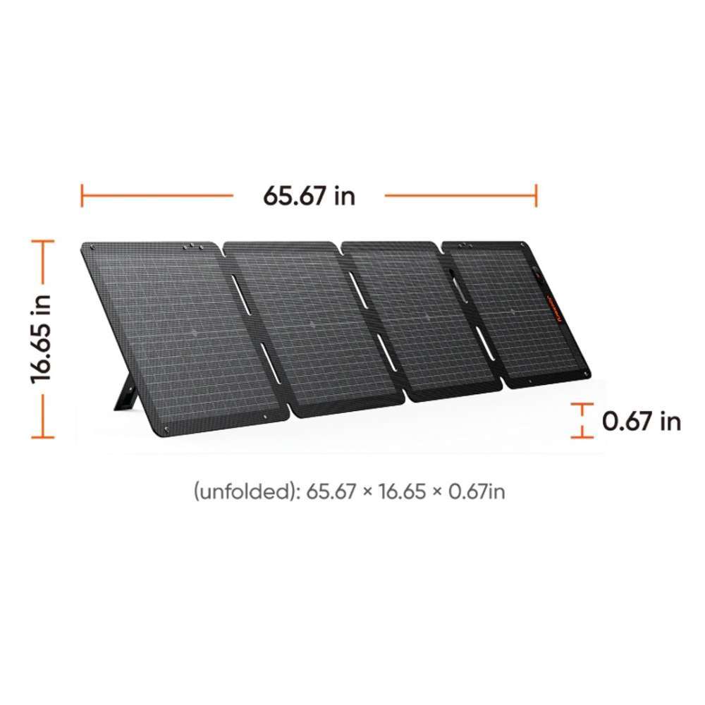 Jackery Explorer 1500 v2 + SolarSaga 100W Air foldable solar panel shown with its unfolded dimensions of 65.67 × 16.65 × 0.67 inches for size reference