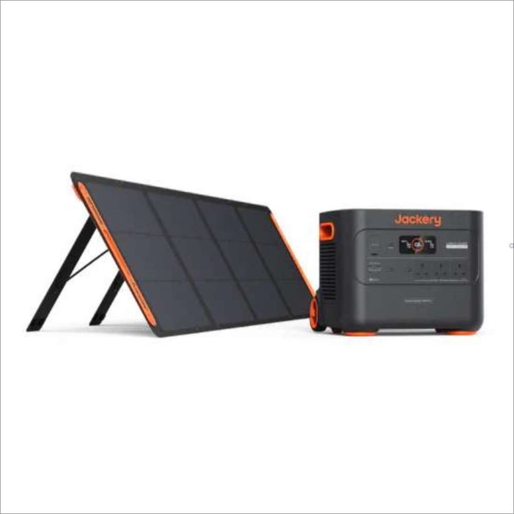 Jackery Explorer 2000 Plus Portable Power Station connected to a foldable solar panel for clean, portable power during camping and outdoor use