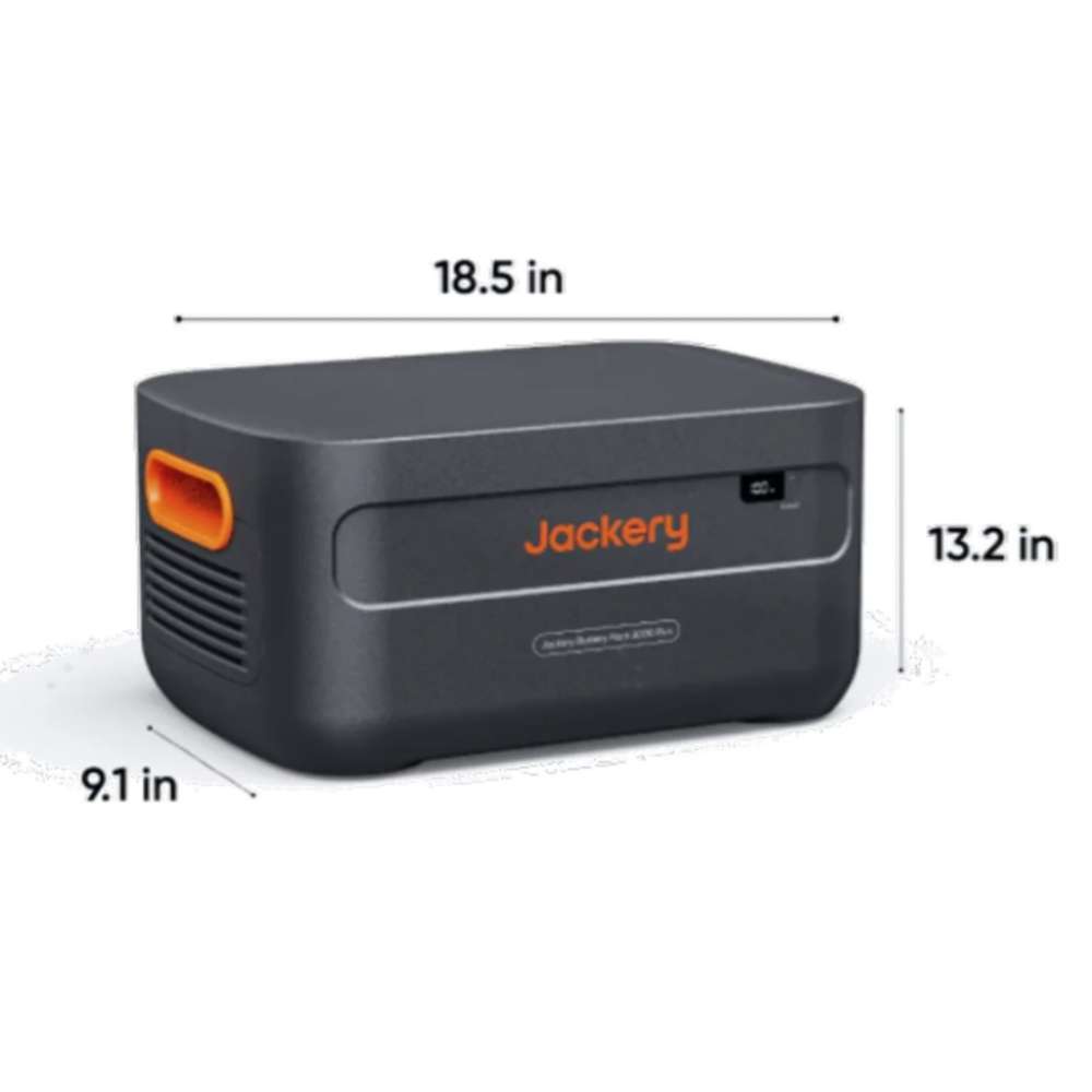 Jackery Explorer 2000 Plus Portable Power Station expansion battery is shown with its dimensions for easy size comparison