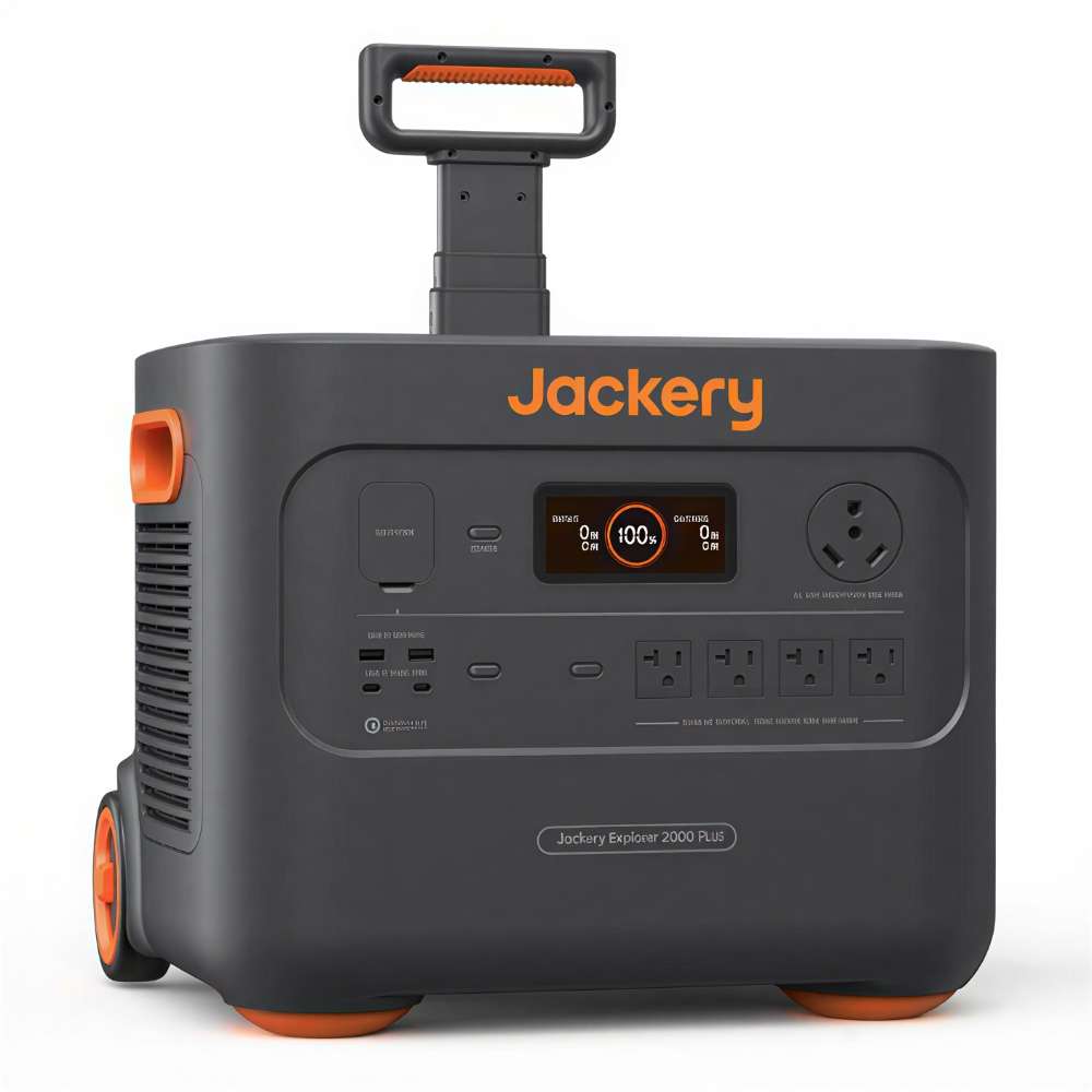 Jackery Explorer 2000 Plus Portable Power Station features a telescoping handle and wheels for easier transport