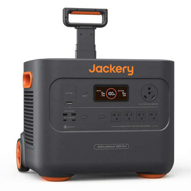 Jackery Explorer 2000 Plus Portable Power Station features a telescoping handle and wheels for easier transport