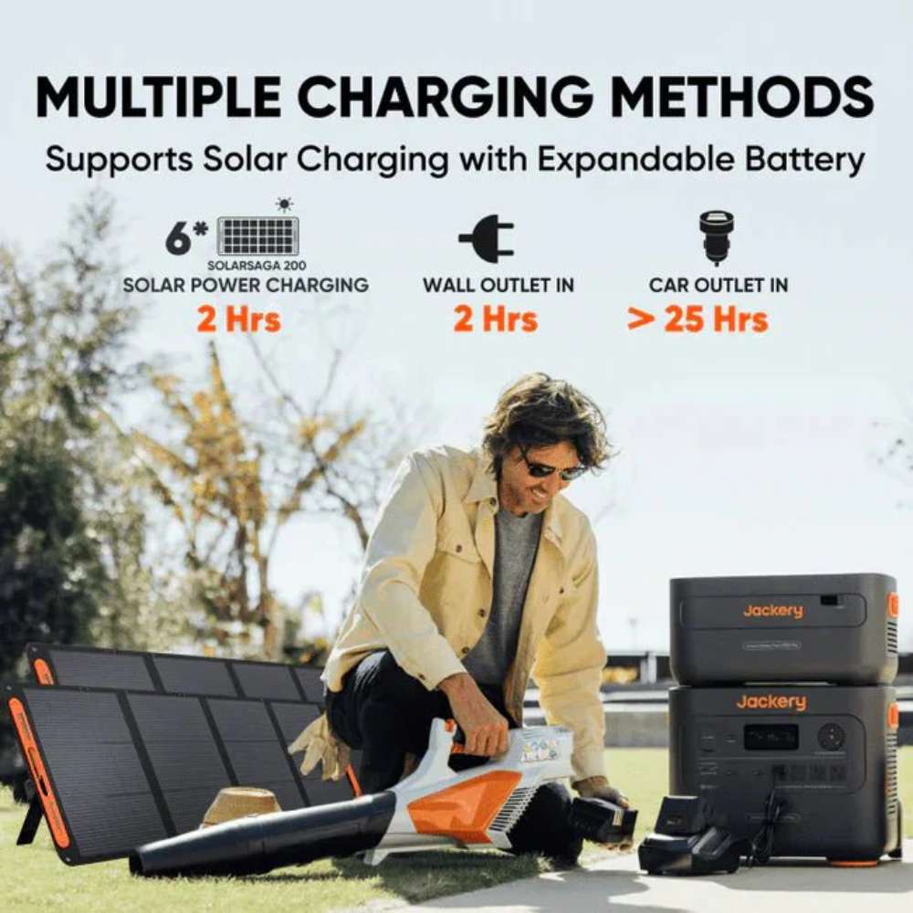 Jackery Explorer 2000 Plus Portable Power Station is charged by portable solar panels, a wall outlet, or a car for flexible recharging
