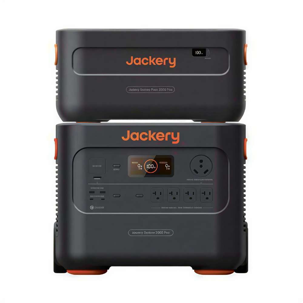 Jackery Explorer 2000 Plus Portable Power Station is stacked with an expansion battery to demonstrate increased energy storage capacity