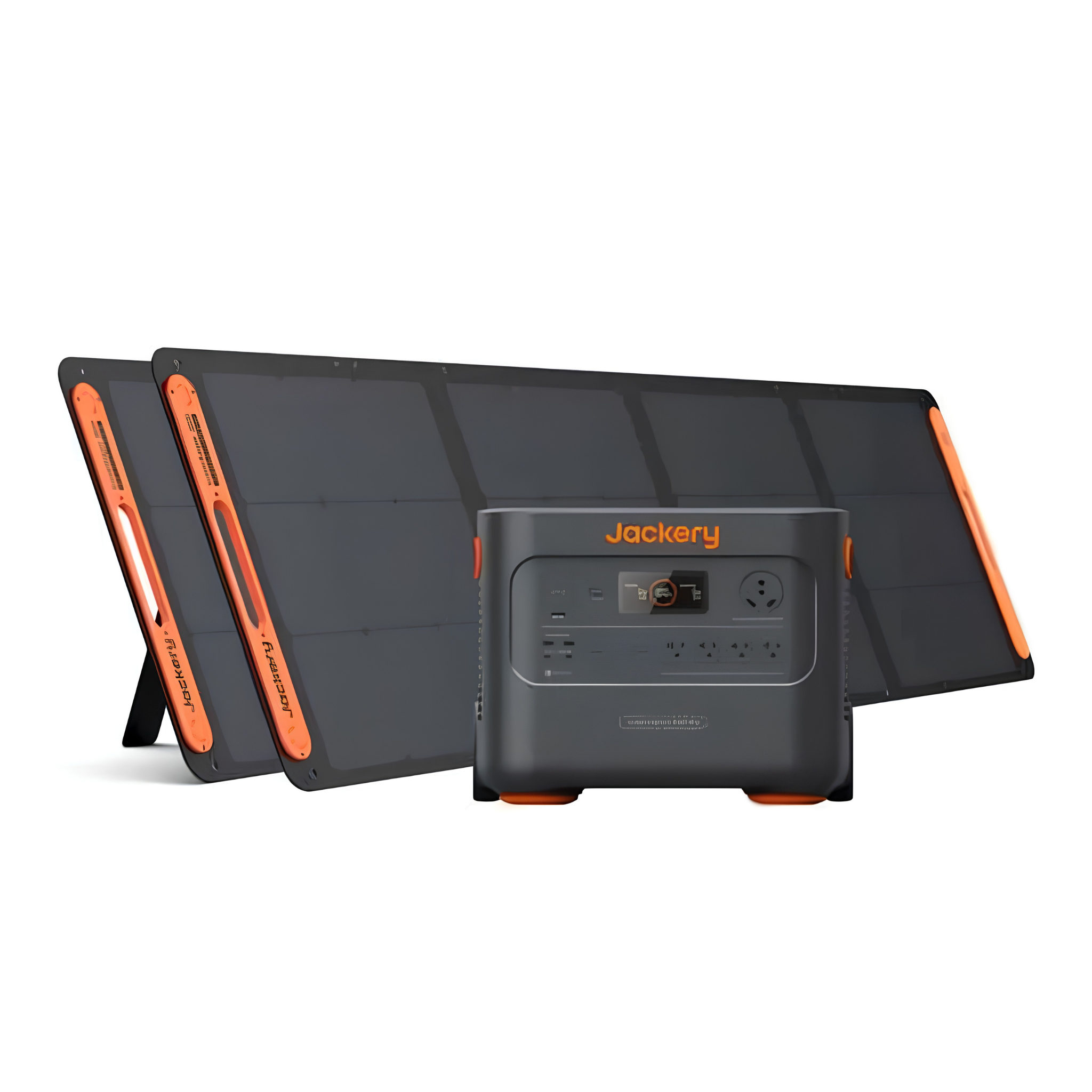 Jackery Explorer 2000 Plus Portable Power Station paired with two foldable solar panels for high-capacity off-grid power, camping, and emergency backup
