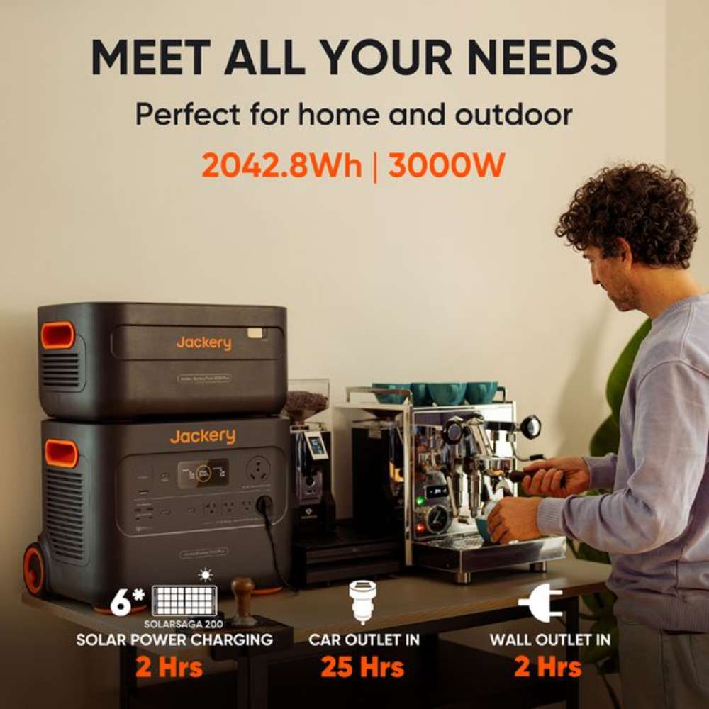 Jackery Explorer 2000 Plus Portable Power Station powers a home coffee machine while showing charging options from solar panels, a wall outlet, or a vehicle