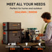 Jackery Explorer 2000 Plus Portable Power Station powers a home coffee machine while showing charging options from solar panels, a wall outlet, or a vehicle