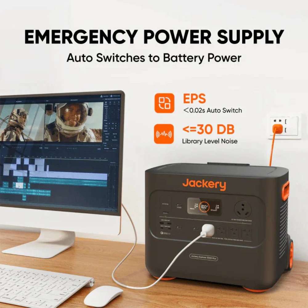 Jackery Explorer 2000 Plus Portable Power Station provides quiet emergency backup power for a desktop computer with fast automatic power switching