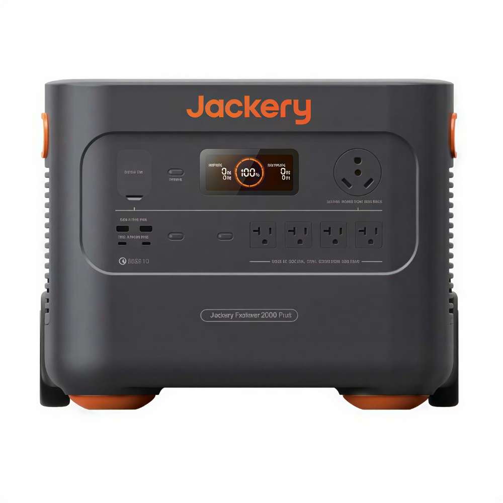 Jackery Explorer 2000 Plus Portable Power Station shown from the front highlights its display, multiple AC outlets, USB ports, and compact all-in-one design