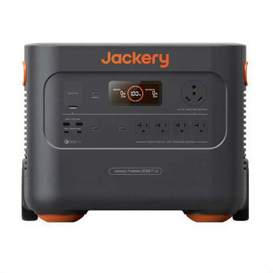 Jackery Explorer 2000 Plus Portable Power Station shown from the front highlights its display, multiple AC outlets, USB ports, and compact all-in-one design