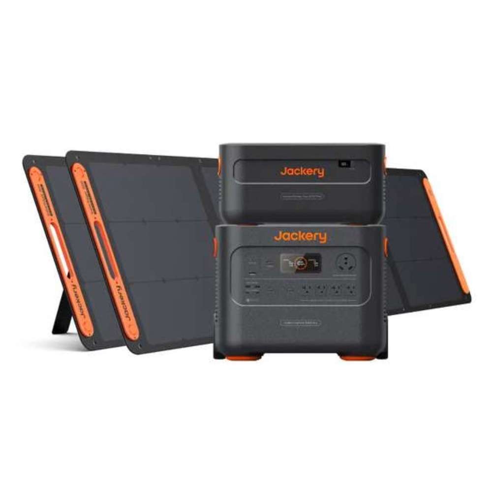 Jackery Explorer 2000 Plus Portable Power Station with one expansion battery and two foldable solar panels for increased energy storage and extended runtime