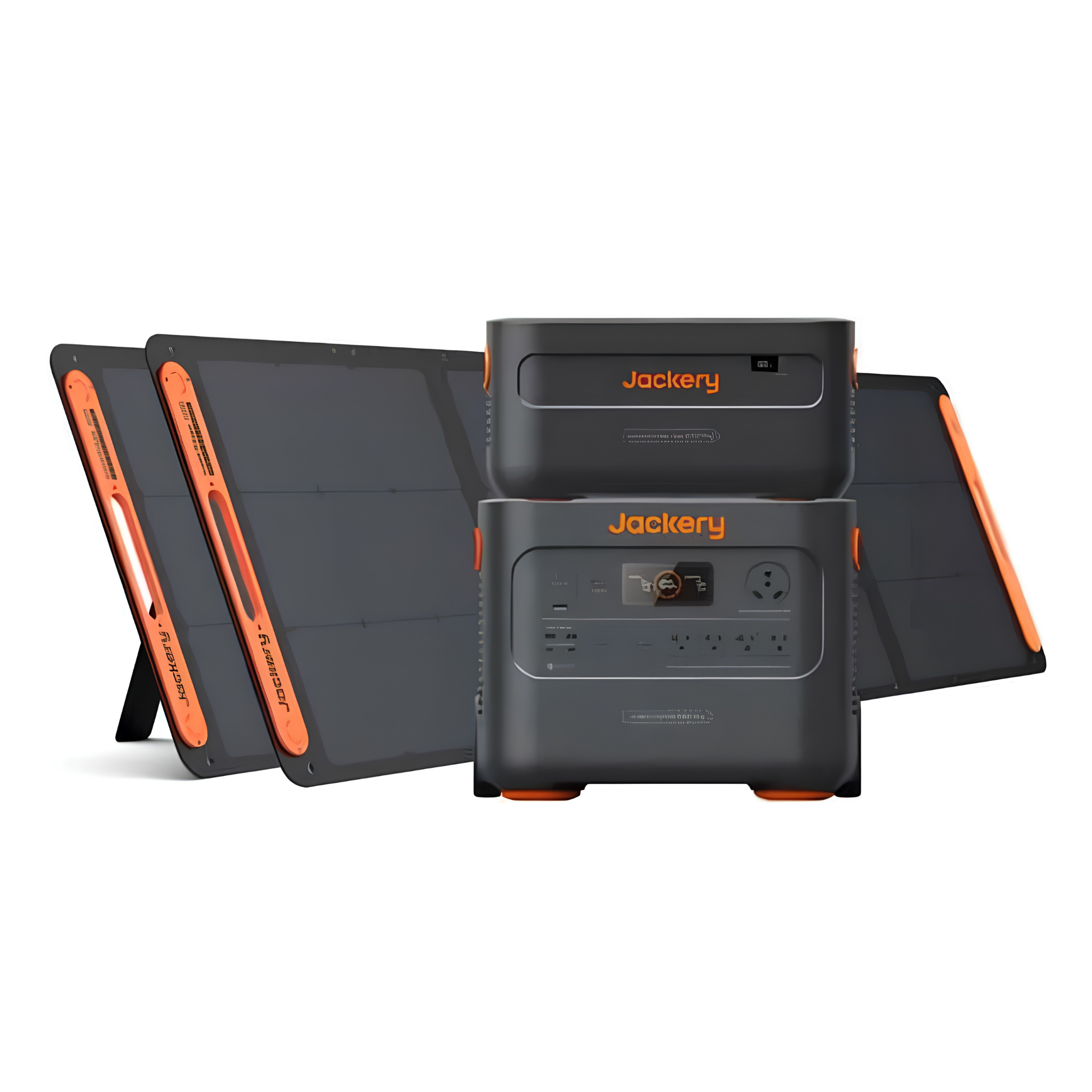 Jackery Explorer 2000 Plus Portable Power Station with one expansion battery and two foldable solar panels for increased energy storage and extended runtime