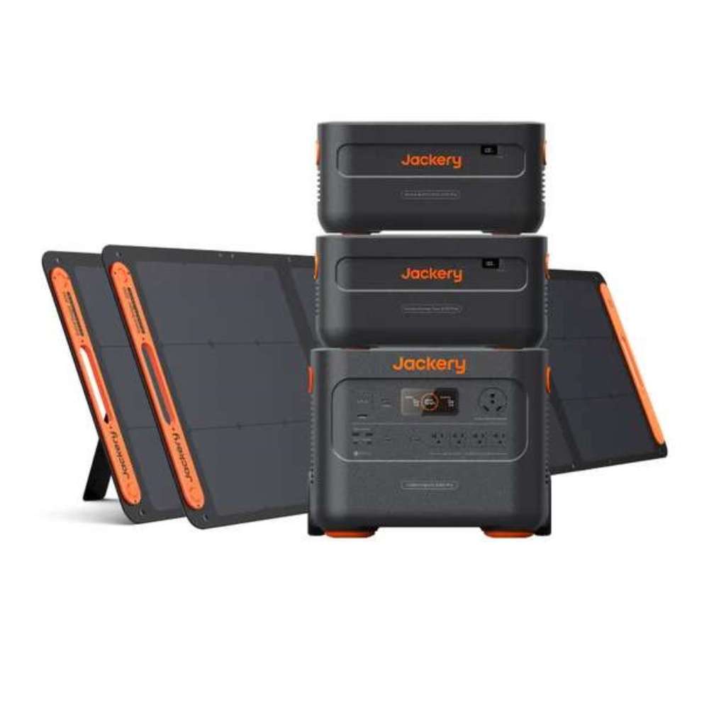 Jackery Explorer 2000 Plus Portable Power Station with two expansion batteries and two foldable solar panels for maximum backup power and long-lasting off-grid energy