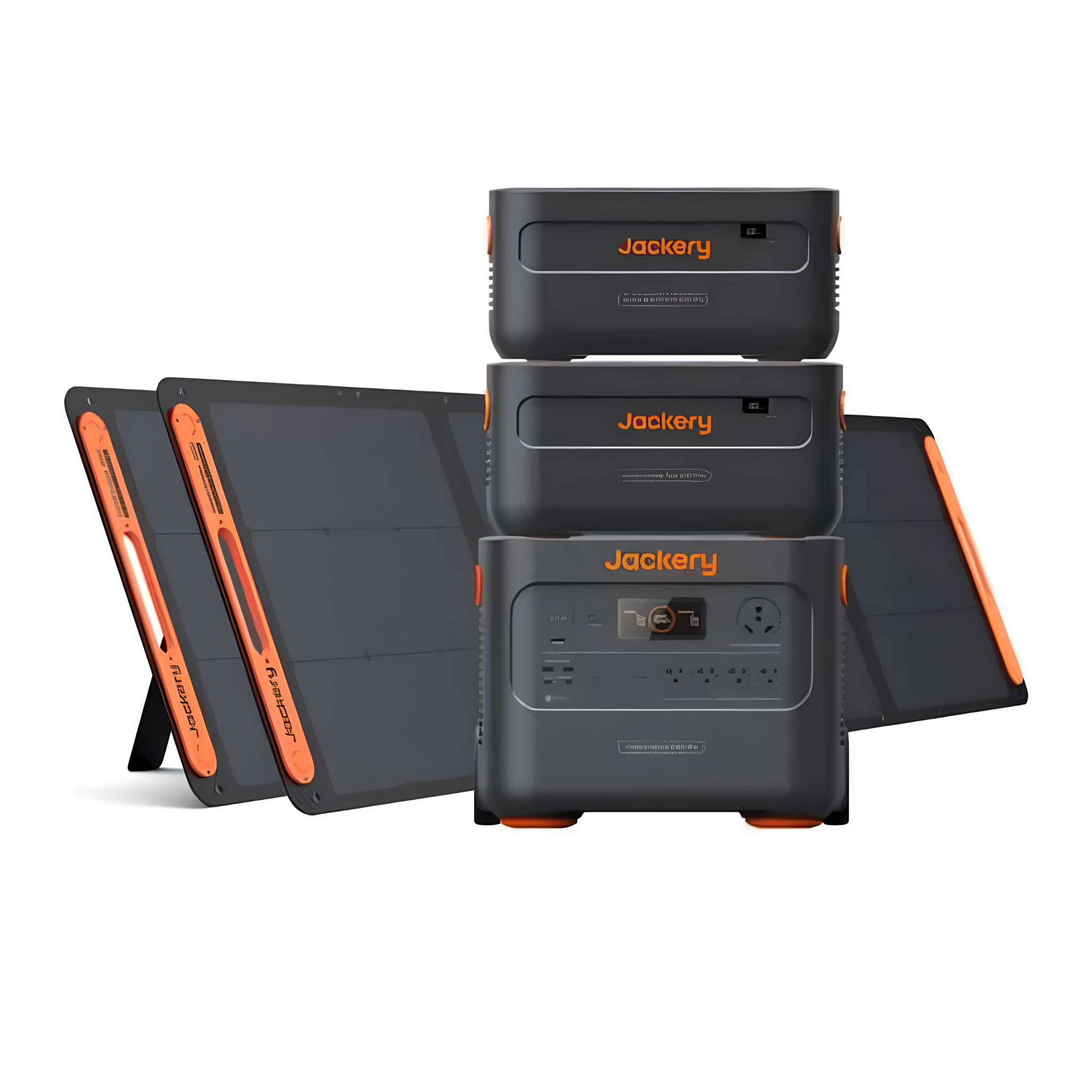 Jackery Explorer 2000 Plus Portable Power Station with two expansion batteries and two foldable solar panels for maximum backup power and long-lasting off-grid energy