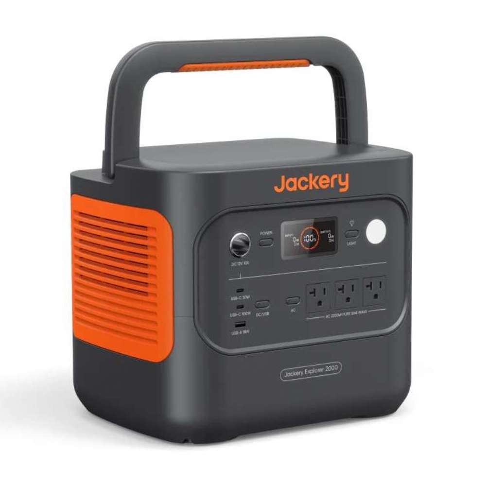 Jackery Explorer 2000 V2 Portable Power Station is shown at an angle, highlighting its built-in handle, display, cooling vents, and multiple output ports